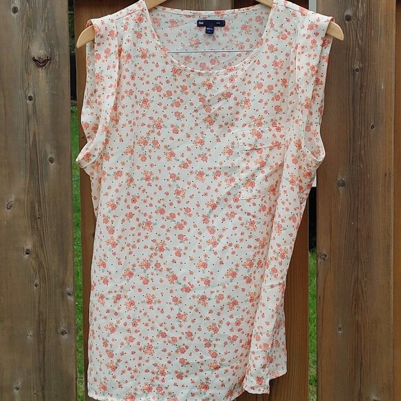 PRETTY Peach Floral Blouse Cap Sleeve GAP Size Large - Picture 2 of 5